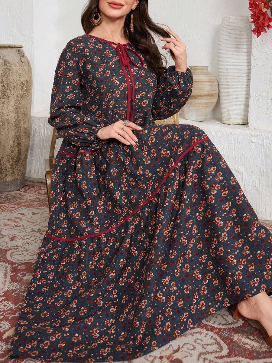 Al Najma Plus Size Linen Printed Loose Fit Round Neck Dress, Arabic Style For Women Abaya Plus Size Abaya Dubai - Multicolor - View 1
