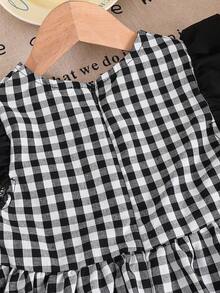 SHEIN 女童蝴蝶结格子休闲连衣裙，适合日常穿着，春夏款 - 黑色 - 查看 3