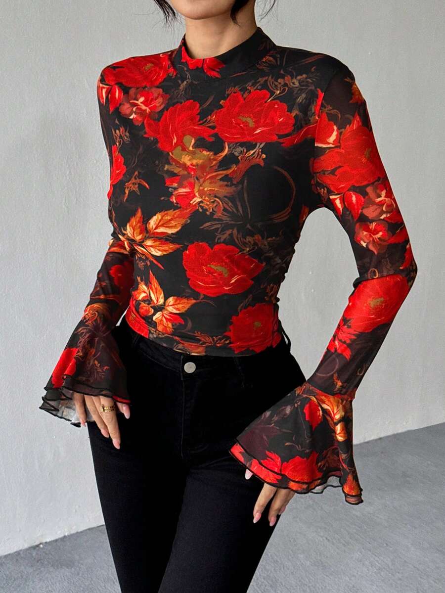 Chiquease Women's Stand Collar Long Sleeve Hollow Back Floral Print Elegant Sexy Blouse, Suitable For Dates And Valentine's Day - Red - View 1