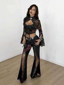 Coolane Women's Fall/Winter All-Season Y2K Goth Chic Rave Sexy Hot Girl Lace Stretchy Comfortable Textured Black Cami Tops - Black - View 6