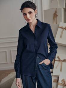 Anewsta Women's Elegant Commuter Casual Soft & Comfortable Vintage Blue Long Sleeve Shirt - Royal Blue - View 7