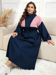 Modelyn Colorblock Drawstring Waist Zip Up Drop Shoulder Longline Dress Maxi Women Outfit - Navy Blue - View 2