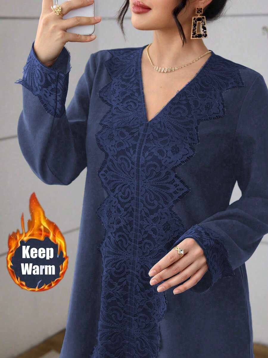 Al Najma Váy ren xanh lá cây phong cách Ả Rập thường ngày dành cho nữ - Màu xanh bụi bặm - Xem 1