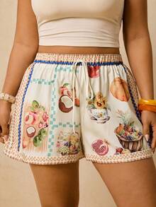 Travachic Plus Size Women's Fruit & Floral Print Elastic Waist Shorts,Beige Boho Summer Beach Holiday Early Spring Printed Comfy Resort Wear Vacations - Multicolor - View 1
