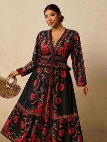 Travachic 大码女式黑红印花连衣裙，褶皱蕾丝边拼接连衣裙，腰部系带A字长袖长款连衣裙，浪漫约会旅行连衣裙 - 黑色 - 查看 1