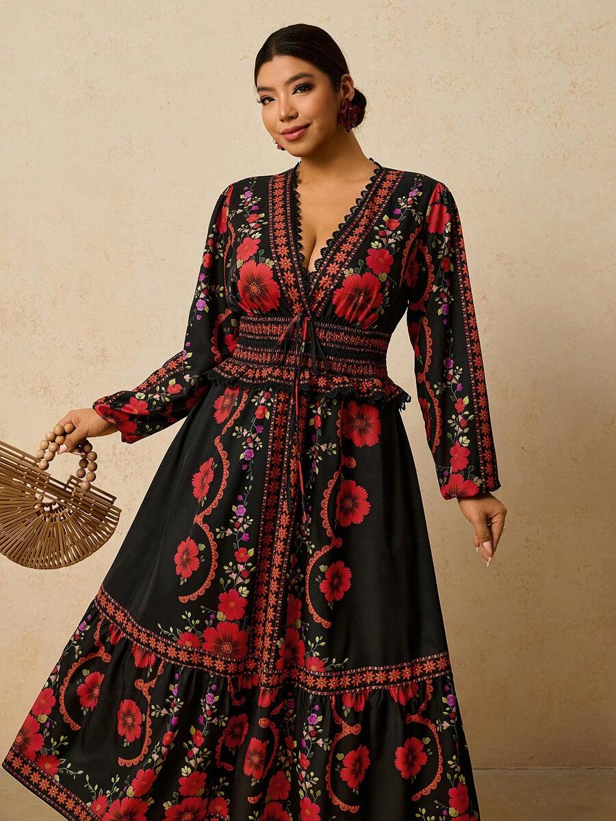 Travachic 大码女式黑红印花连衣裙，褶皱蕾丝边拼接连衣裙，腰部系带A字长袖长款连衣裙，浪漫约会旅行连衣裙 - 黑色 - 查看 1