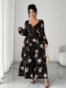 Elenzga Elegant Vintage Floral Print Puff Sleeve Waist Cinched Midi Dress, Romantic French Style, Flattering Fit, Suitable For Autumn/Winter - Black - View 4