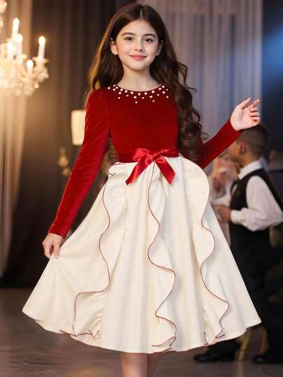 SHEIN 女孩节日勃艮第色拼布蝴蝶结装饰连衣裙