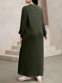 Modelyn Women's Casual Loose Textured Fabric Round Neck Long Dress, Navy Blue, Autumn/Winter - Army Green - View 2