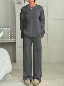SHEIN EZwear Conjunto casual regular de mujer compuesto por suéter de cuello redondo de unicolor de manga larga y pantalones largos, para otoño/invierno