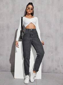 Jeanoix High Waist Fashionable Distressed Washed Denim Tapered Pants - Dark Grey - View 4