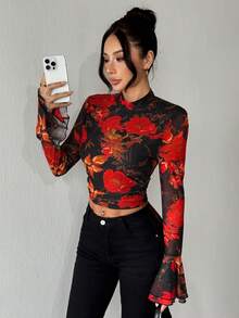 Chiquease Women's Stand Collar Long Sleeve Hollow Back Floral Print Elegant Sexy Blouse, Suitable For Dates And Valentine's Day - Red - View 5
