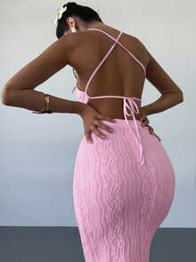 Firerie 女士白色提花串珠系带露背修身开衩连衣裙，性感度假连衣裙，春夏服装，沙滩装，通勤装，优雅，性感，度假，海滩，波西米亚风，夏威夷，音乐节，浪漫，约会装 - 粉色 - 查看 10