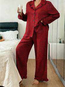 Plus Size Plaid Lapel Pajama Set - Multicolor - View 5