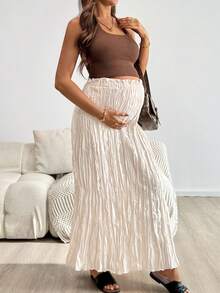 SHEIN Falda de línea A de tela texturizada de unicolor simple, ajustable en la cintura, para mujer embarazada, vacaciones, uso diario, primavera/verano/otoño - Albaricoque - Ver 4