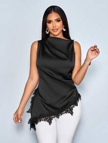 SOLERSUN 女士简约优雅高领黑色蕾丝边拼接不对称下摆无袖时尚缎面衬衫 - 黑色 - 查看 4