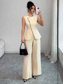 Modelyn Women's Elegant Commuter 2 Pieces Set, Apricot Sleeveless Top And Straight Leg Pants, Spring/Summer