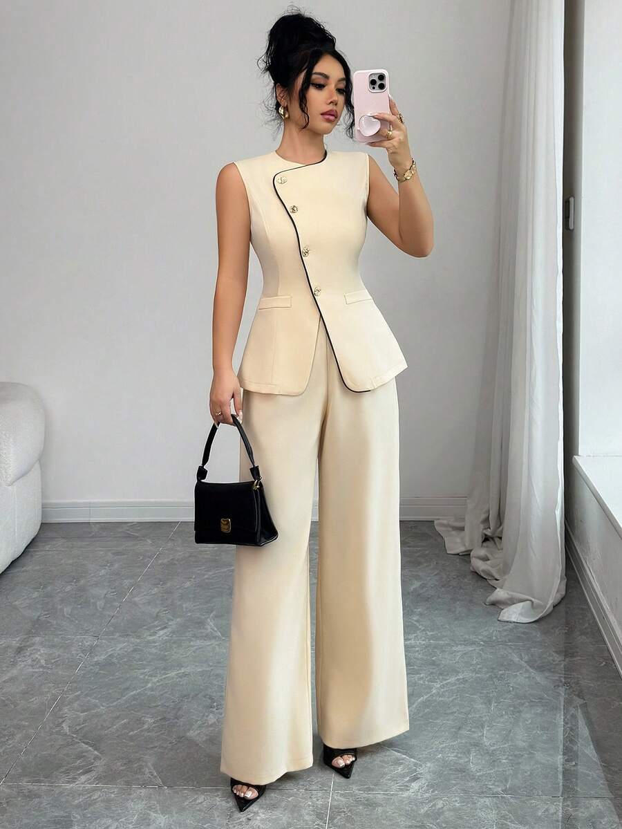 Modelyn Women's Elegant Commuter 2 Pieces Set, Apricot Sleeveless Top And Straight Leg Pants, Spring/Summer