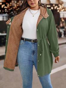 EMERY ROSE 大码女式纯色蝴蝶结腰部抽绳连帽衫，保暖加厚休闲宽松优雅套头衫 - 軍綠色 - 查看 4