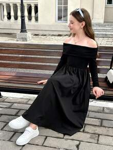 SHEIN 黑色露肩长袖连衣裙 黑色长款修身连衣裙 2 件套休闲校园风格套装，适合返校、派对、婚礼 黑色露肩长裙 - 黑色 - 查看 3