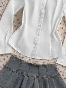 SHEIN EZwear 女式系带撞色不对称下摆修身长袖衬衫 - 白色 - 查看 6