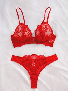 2件套女士蕾丝前扣无钢圈性感文胸和内裤内衣套装新娘 - 紅色 - 查看 4