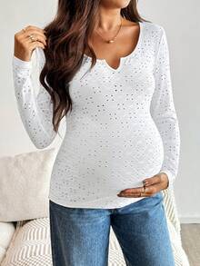 Modmama Spring Women, Fall ,Autumn ,Maternity Hollow Out Embroidery Notch Neck Fashionable Long Sleeve T-Shirt Pregnancy Pregnants Breastfeeding Long Sleeve Top - White - View 4