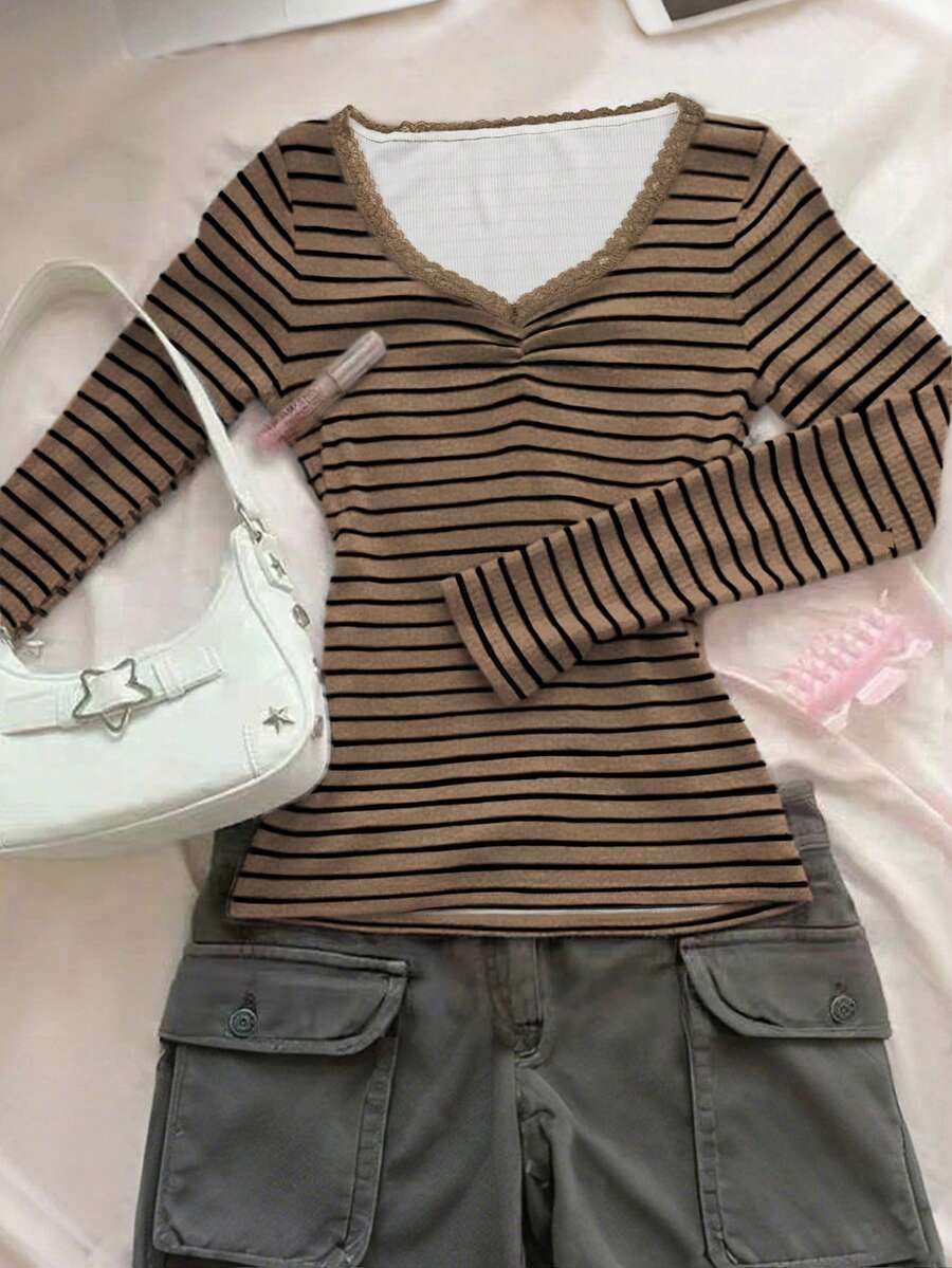 Rina Fox Áo thun dài tay họa tiết ren kẻ sọc dễ thương, thanh lịch, thời trang dành cho nữ - Cà phê nâu - Xem 1