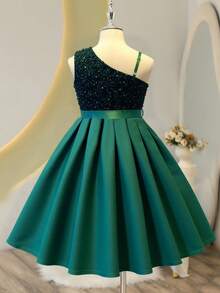 Sparklyn Váy dạ hội màu xanh lá cây đính sequin thanh lịch dành cho bé gái tuổi teen thích hợp mặc khi đi dạ hội, tiệc tùng hoặc mặc hàng ngày - Màu xanh lá cây đậm - Xem 3
