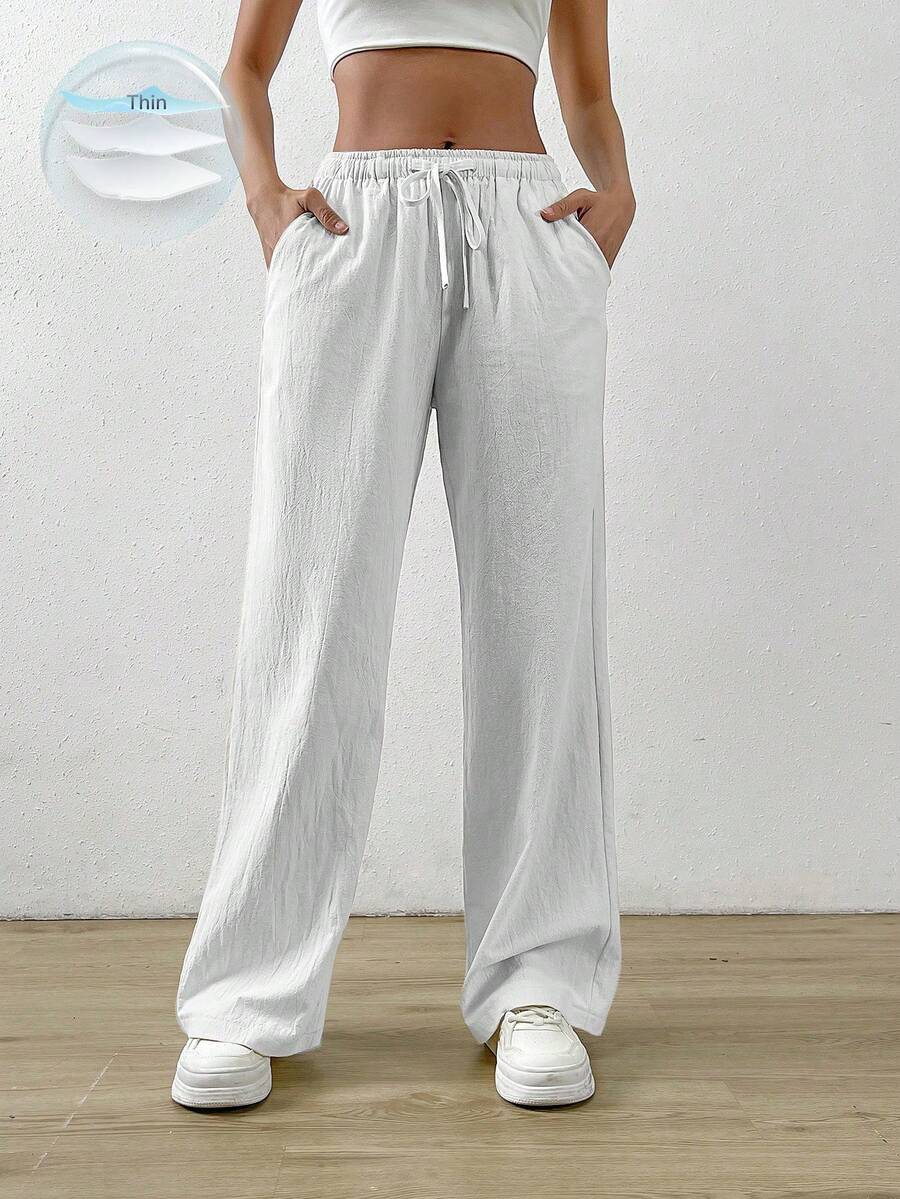 SHEIN EZwear 夏季白色抽绳腰斜口袋裤正装裤 - 白色 - 查看 1