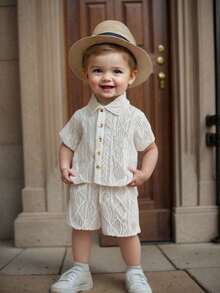 SHEIN Vintaside Kids Unisex Newborn-1 Year Old Baby Outfit, Apricot Short Sleeve Shirt And Shorts Set, Textured Fabric Suitable For Baby To Wear Out In Summer, Adds Texture And Quality To The Outfit - Apricot - View 16