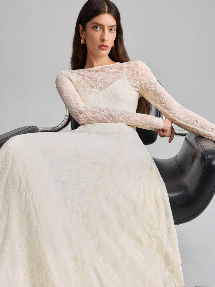 2026SS Women's Round Neck Long Sleeve Jacquard Elegant Dress, Suitable For Party Occasions, White Lace Flared