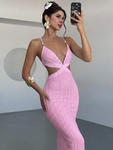 Firerie 女士白色提花串珠系带露背修身开衩连衣裙，性感度假连衣裙，春夏服装，沙滩装，通勤装，优雅，性感，度假，海滩，波西米亚风，夏威夷，音乐节，浪漫，约会装 - 粉色 - 查看 8