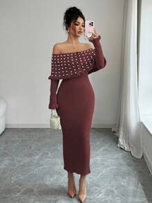 Rafferiza 女士纯色蝴蝶结长袖弹力修身露肩针织连衣裙，法式优雅珍珠装饰露肩大翻领针织连衣裙，秋冬针织长裙，返校季针织连衣裙，音乐节，圣诞节，仙女装，秋季婚礼宾客连衣裙 - 酒紅色 - 查看 3