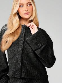 MISSGUIDED Chunky Waffle Knit Button Up Cardigan And Mini Skirt Matching Co Ord Set For Fall Winter - Black - View 5