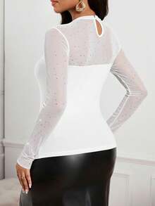 SHEIN Lady Áo thun nữ dáng ôm, đơn giản, tối giản, ren chắp vá, thanh lịch và gợi cảm, cỡ lớn, thời trang thu đông - trắng - Xem 2