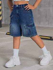 SHEIN Tween Girl Y2K Fashionable Stonewashed High Waist Flap Pocket Baggy Denim Cargo Shorts, Back To School Fall - Dark Wash - View 6