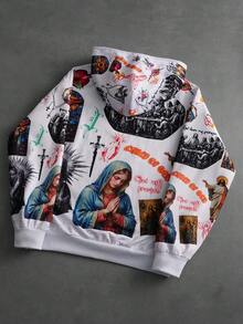 PAVTROS Męska bluza z kapturem i nadrukiem Letter & Saint o luźnym kroju - Biały - Zobacz 2