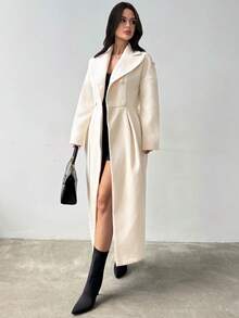 Firerie 女士优雅杏色花苞袖翻领长款大衣，双排扣翻领，优雅休闲，适合日常通勤、商务、浪漫约会、派对等场合，全新秋冬系列，女士冬季/机场/假日/精致优雅冬季外套/仿皮草外套/晚宴/办公室/度假，保暖，常规版型，秋冬 - 杏色 - 查看 9