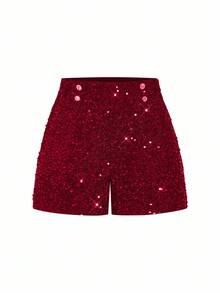 Ellevyn Women Burgundy Sequin Mini Shorts With Zipper Detail Woven Fabric Party Style - Burgundy - View 13