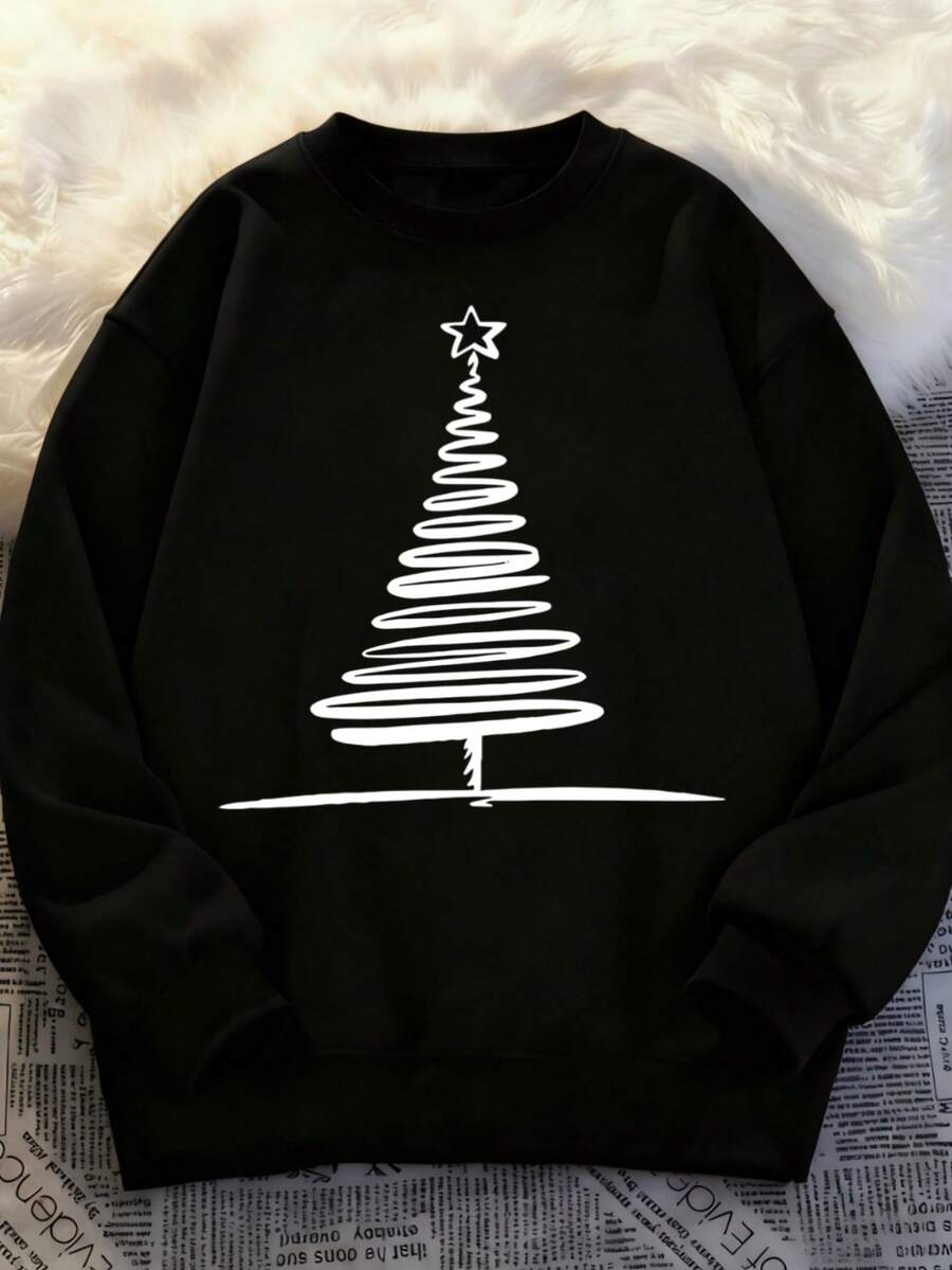 Hombre004 Sudadera de cuello redondo de moda Parte superior de ropa para casa, cómoda y abrigada cálida para otoño e invierno, con envío local desde México Camiseta negra con diseño de árbol de navidad simple y elegante, perfecta para la época festiva - Negro - Ver 1