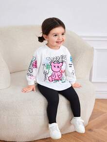 嬰兒女孩休閒可愛塗鴉印花長袖上衣和彈性腰褲套裝 - 黑與白 - 查看 7