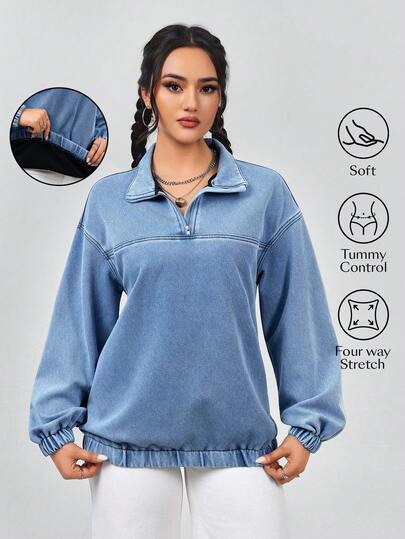 Flexra Women's Solid Color Half Zip Collar Casual Denim Jacket And Coat