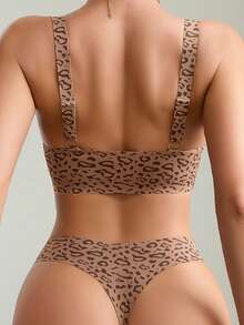 6pcs Women's Casual Comfortable Minimalist Fashion Leopard Print Unlined Wireless Bra And Low-Waist Thong Panty Set