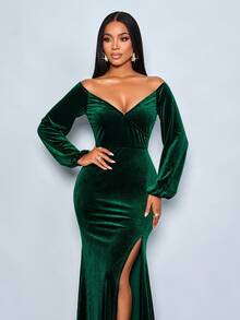 SOLERSUN 女士时尚优雅纯色单肩开衩长裙天鹅绒派对礼服晚礼服、圣诞礼服、新年礼服 - 墨綠色 - 查看 6