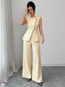 Modelyn Women's Elegant Commuter 2 Pieces Set, Apricot Sleeveless Top And Straight Leg Pants, Spring/Summer