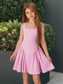 Firerie Kids Firerie Kids 少女背带蝴蝶结束腰休闲粉色连衣裙，适合日常穿着和外出 - 粉色 - 查看 3