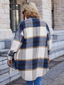 EMERY ROSE Plaid Print Drop Shoulder Overcoat Fall Winter Cloth For Women - Multicolor - View 2