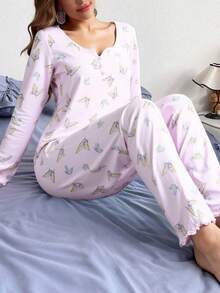 Pijama conjunto dos piezas dama mujer estampado mariposas print escote v botones decorativos manga tres cuartos elástico blusa casual pantalón capri bajo fruncido suave descanso diario fresco primavera verano - Lila Púrpura - Ver 1