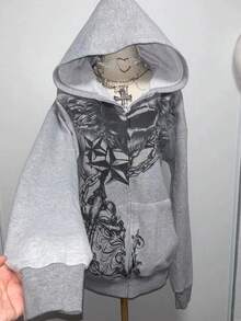 SHEIN Áo khoác nỉ dài tay rộng rãi, hở trước, in kỹ thuật số dành cho nữ - Nhiều màu - Xem 4